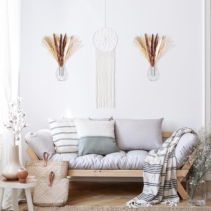 Otoolling Boho Wall Decor Set of 2 – Metal Hanging Wall Art with Faux Pampas or Eucalyptus,Minimalist Bohemian Accent for Living Room, Bedroom, Entryway(Silver,Pampas) - Image 4