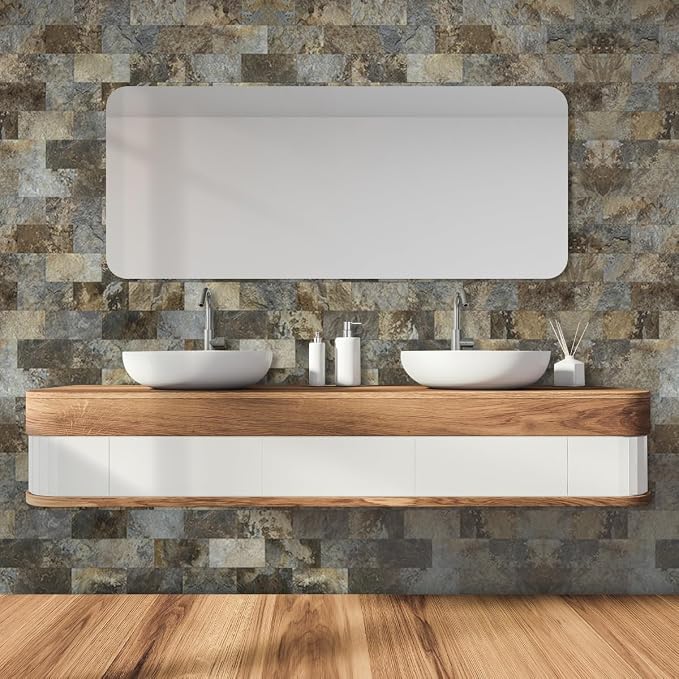 AULIGET 100-Piece Beige & Brown Slate Peel and Stick Backsplash Wall Tiles, 3" x 6" PVC Faux Stone Stick on Tile for Backsplash Kitchen, Bathroom, Laundry Room, Camper, Fireplace - Image 4