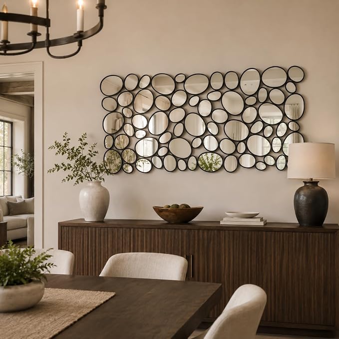 Black Mosaic Wall Mirror, 27.55" x 55" Large Pebble Geometric Decorative Mirror with 71 Irregular Mirror Pieces, Modern Accent Wall Decor for Living Room, Entryway, Bedroom, Hallway - Image 5