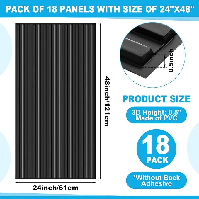 Nuanchu 18 Pack 4x2 FT 3D Slat Wall Panels Large PVC Fluted Panel Decorative Cuttable Glue up Drop Ceiling Tiles for Interior Wall Art Living Room Bedroom Bathroom TV Background Studio(Black) - Image 2