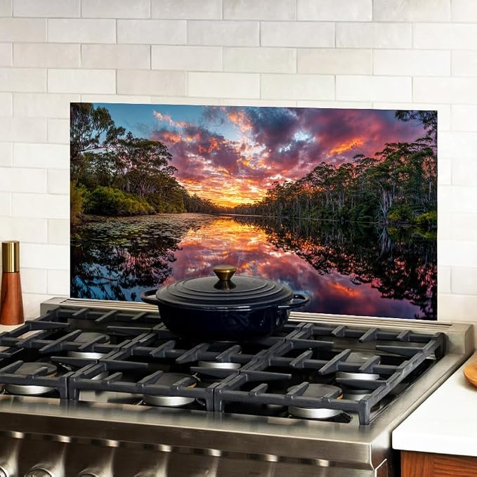 Forest Lake Sunset Kitchen Backsplash Peel and Stick, 30x16 in | Dramatic forest lake at sunset with fiery clouds and mirror reflections; flat 2D waterproof peel and stick; wipe clean; 30x16 - Image 2