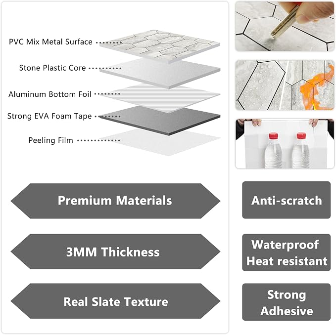 Vamos Tile Long Hexagon Peel and Stick Backsplash Tile - 10 Sheets Stick on Backsplash for Kitchen and Bathroom 12.4 x 12 Inch Beige Slate Look PVC Self Adhesive Mosaic Wall Tiles - Image 3