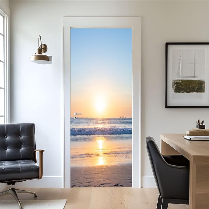 artfanke 3D Sunrise Ocean Door Sticker Peel and Stick 33.5"x84.6"- Self-Adhesive Door Murals Wallpaper Decal for Living Room Bedroom Decor(2 Sheets/Set) - Image 8