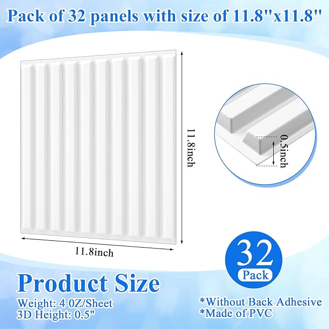 Nuanchu 32 Pcs 3D Wall Panels, 12"x12" PVC Fluted Tiles, White | Waterproof Accent Panels, Paintable Wall Tiles, for TV Background, Bedroom, Bathroom, Gaming Room, Cuttable Home DIY Decor - Image 2