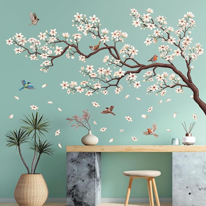 DECOWALL Large Cherry Blossom Tree Wall Stickers Decals Wall Art (SG4-2317) | Peel and stick, removable, large white flowers, birds, falling petals; elegant decor for bedroom, living room, nursery walls. - Image 4
