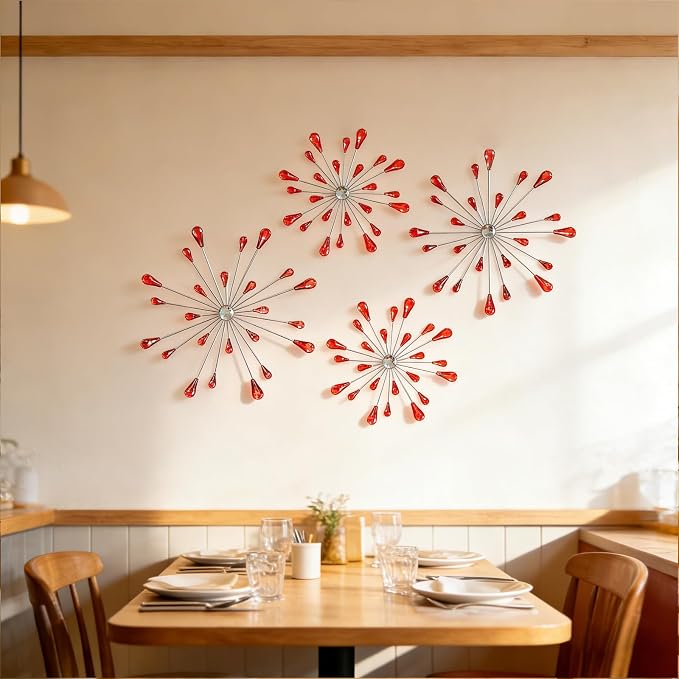 ZEXUIRU 4 Set Silver Starburst Wall Art for Home Decor Metal Bling Crystal Rhinestones Sunburst Wall Decor Sparkling Rhinestone Art Accent -Red 13in/11.8in/9.8in/9.8in - Image 2