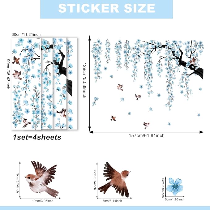 Lilac 4 Sheets Large Blue Cherry Blossom Tree Wall Stickers | Spring Blue Flower Bird Wall Decals Waterproof Wall Murals Decor for Living Room Bedroom (Blue, 11.8 * 35.4inch) - Image 4
