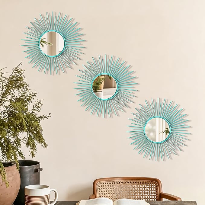 3 Pack Metal Mirrors for Wall Sunburst Wall Mirrors Home Décor Decorative Hanging Wall Art for Living Room Bedroom Entryway (Greenish Blue, Sunburst) - Image 3