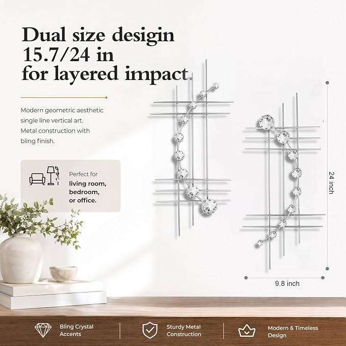 ZEXUIRU 2 Pcs Abstract Metal Art for Wall Decor Living Room Bedroom Bathroom Office Metal Bling Modern Geometric Hanging Vertical Small Iron Sculpture Plaque Pack -Silver 24in - Image 3