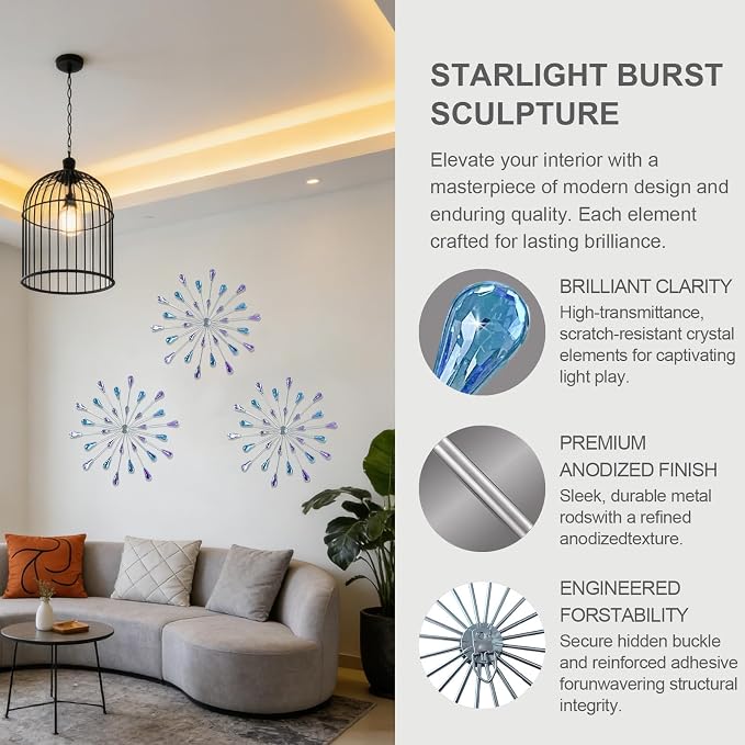 ZEXUIRU 3 Set Silver Starburst Wall Art for Home Decor Metal Bling Crystal Rhinestones Sunburst Wall Decor Sparkling Rhinestone Art Accent Silver - 13in - Image 4