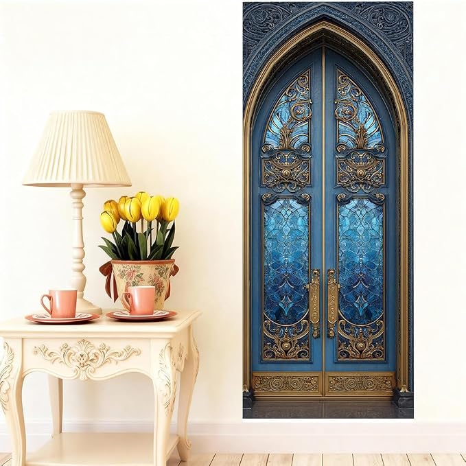 Gothic Door Mural, Blue Stained Glass Ornate Door Cover | Waterproof PVC, 30.3" W x 78.7" L; blue gothic glass design for entryway, bedroom, hallway, office or closet doors. - Image 3