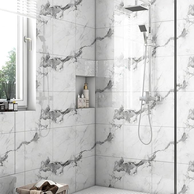 Chejiaye 10pcs Marble Peel and Stick Backsplash Waterproof Washroom Wall Panels, Peel and Stick Tile, PVC Foam Wall Panels for Kitchen,Bathroom,Living Room,White Grey(Not Real Tile,11.8" x 11.8") - Image 2