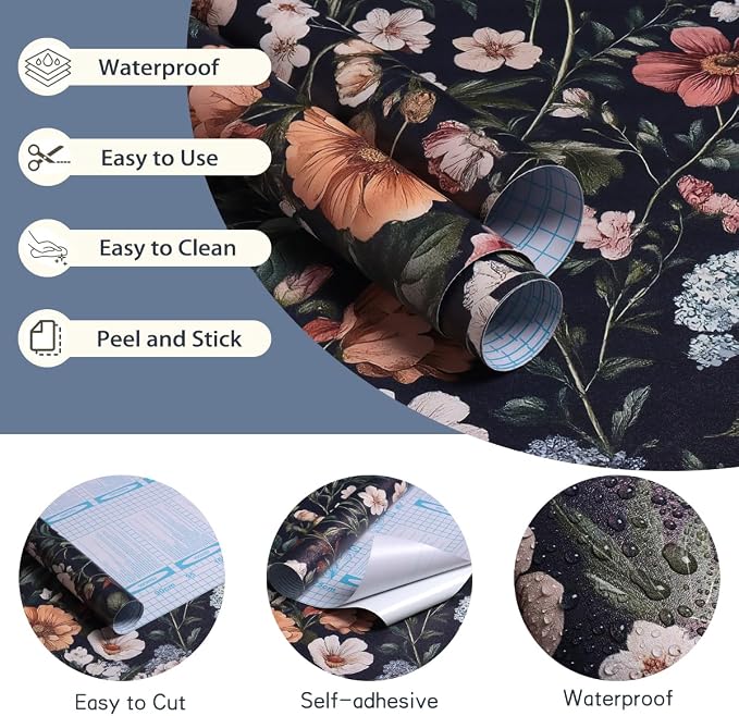 Livebor Floral Peel and Stick Wallpaper Floral Contact Paper 16.9"x393.7" | Dark Flower Wallpaper Neutral Boho Self Adhesive Removable Wall Paper for Cabinets Bathroom Waterproof Decorative Vinyl - Image 5