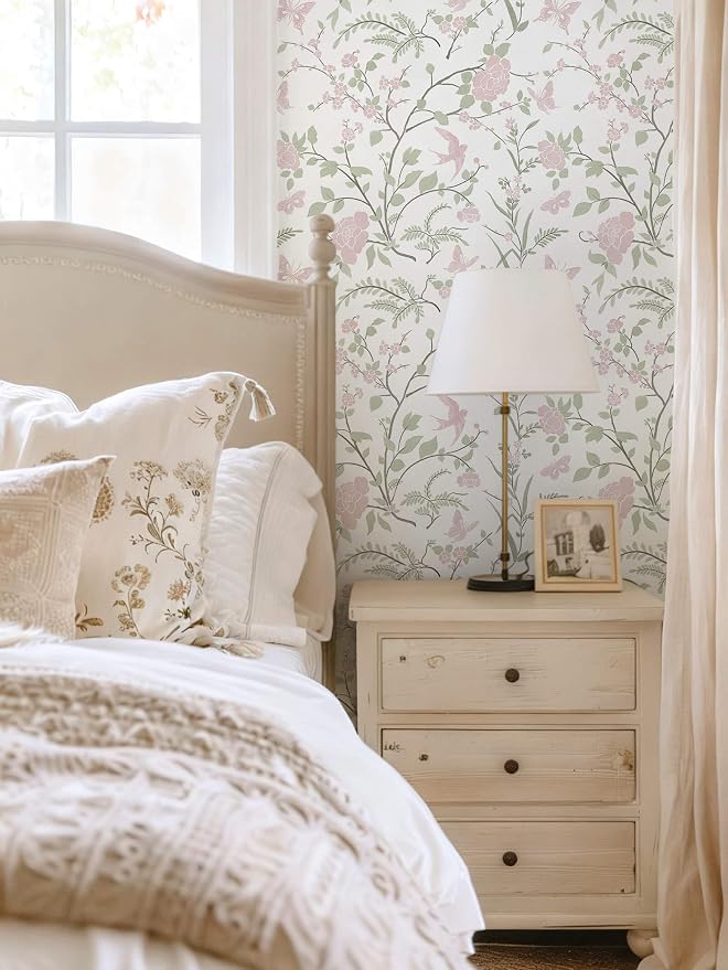 Pink Floral Wallpaper Pink and Green Wallpaper for Nursery Bedroom 78.7"×17.3" Botanical Bird Butterfly Peel and Stick Wall Paper Boho Contact Paper for Cabinets Renter Friendly Self-Adhesive - Image 8