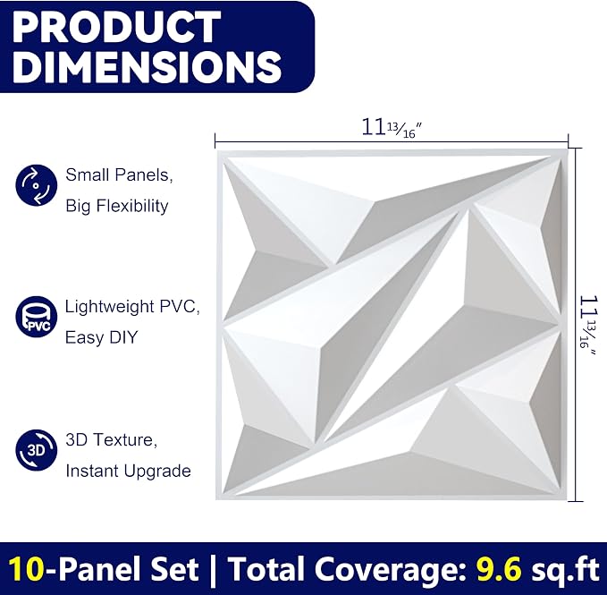 3D Wall Panels White PVC Wall Panels for Interior Decor 12"x12" | 3D White Wall Panels for Living Room, Bedroom, Gaming Room Decor, Lobby Office Accent Walls, 10 Pack Covers 10.Sq.Ft. - Image 3