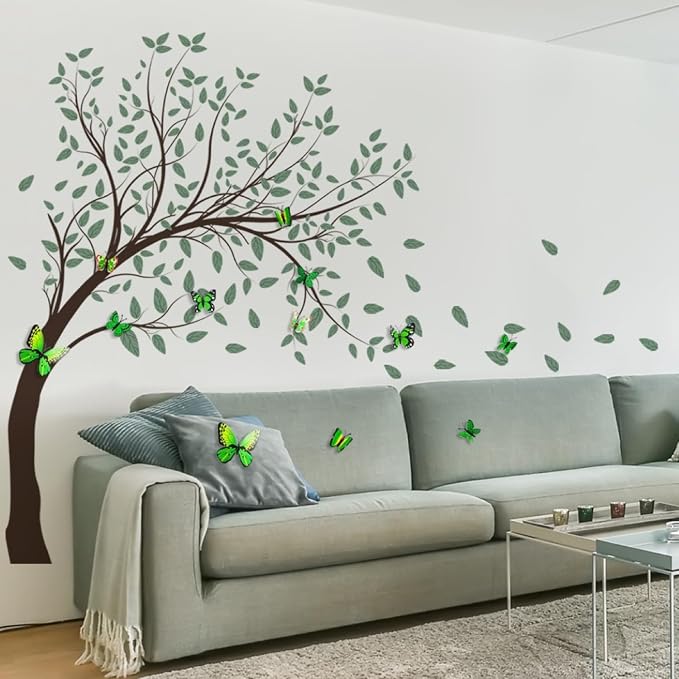 Large Green Tree Wall Decals 3D Green Butterfly Wall Stickers Peel and Stick Waterproof Wall Murals Decor for Living Room Bedroom Classroom (Green Butterfly, 11.8 * 35.4inch) by Lilacanthara