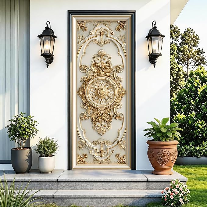 Baroque Door Mural, Gold Ornamental Medallion Door Cover | Waterproof PVC, 30.3" W x 78.7" L; gold baroque design for entryway, bedroom, living room or office doors. by Cmialusie