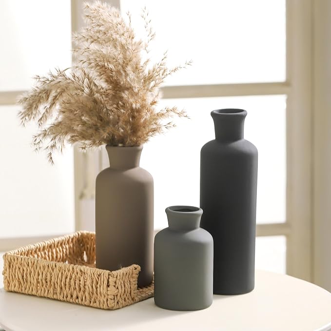 Ceramic Vase Set of 3, Neutral Vases Home Decor Rustic Farmhouse Decor Vase Terra Cotta Pottery Vases for Bouquet Pampas Grass Dried Fresh Flowers Living Room Kitchen Bedroom Bathroom - Multicolor - Image 6