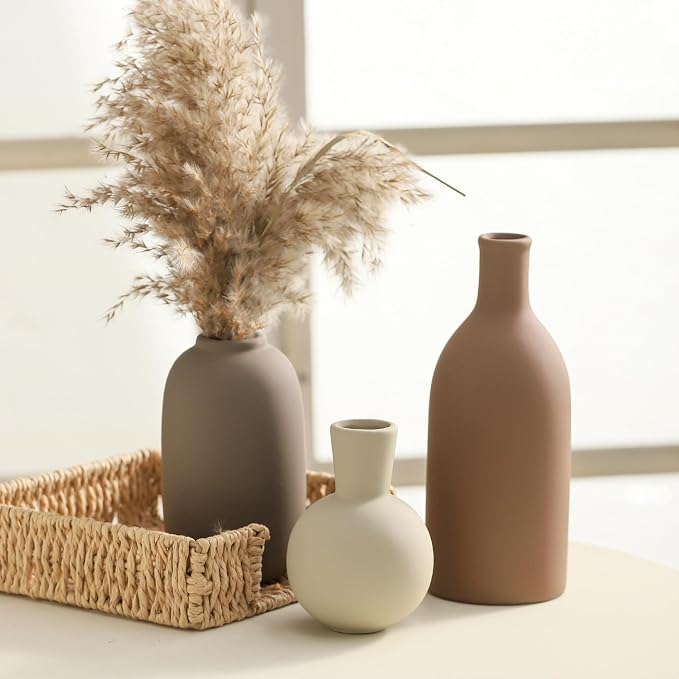 Ceramic Vases Set of 3, Modern Neutral Rustic Farmhouse Home Decor Pottery Pampas Decoration for Living Room, Table, Bathroom, Bedroom, Entryway - Brown - Image 6