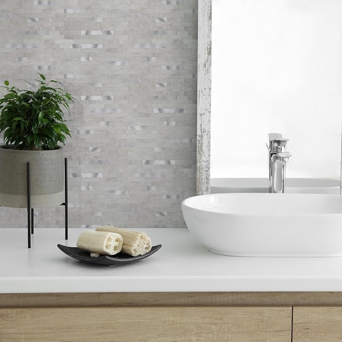 10 - Sheet Peel and Stick Backsplash Wall Tile, PVC Kitchen Backsplash, Stick on Tiles for Backsplash Kitchen (12'' X 12'', White Gray) - Image 2