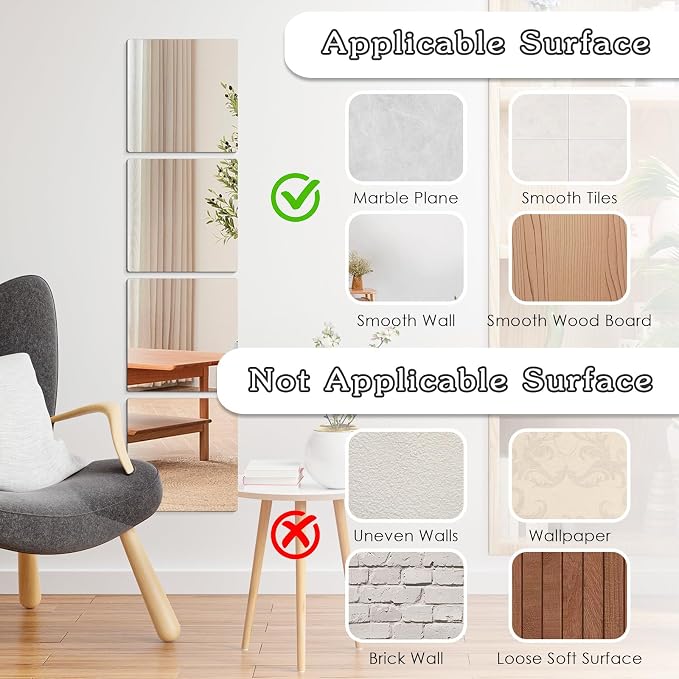 4 Pack Acrylic Mirrors Sheets Self Adhesive 8 x 8 Inch Wall Mirror Tiles - Image 7