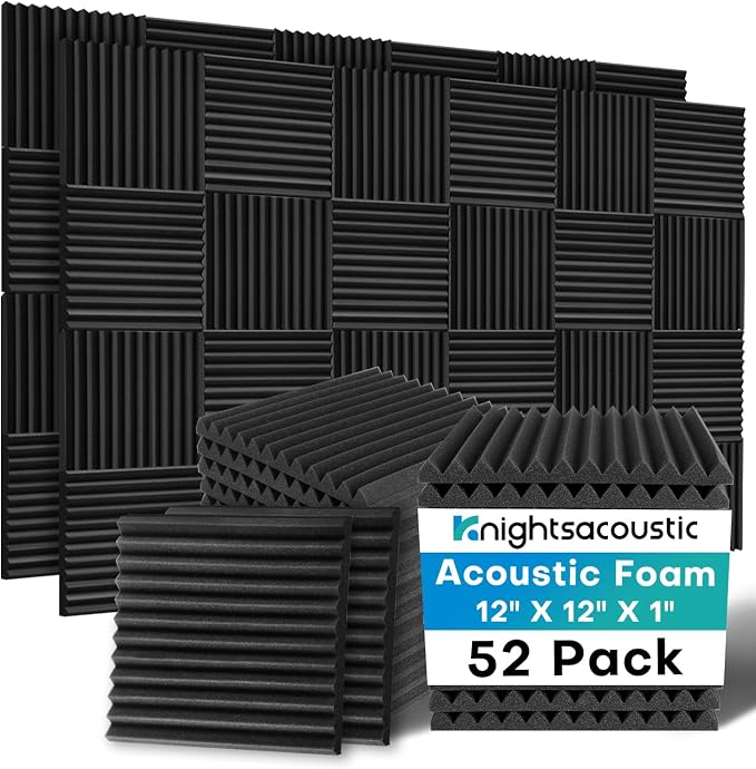 52 Pack Acoustic Foam Panels, 1 X 12 X 12 Inches Sound Proof Foam Panels for Walls, High Density Acoustic Panels Sound Absorbing, Black Noise Cancelling Studio Wedges (NOT Include Adhesive) by Knightsacoustic