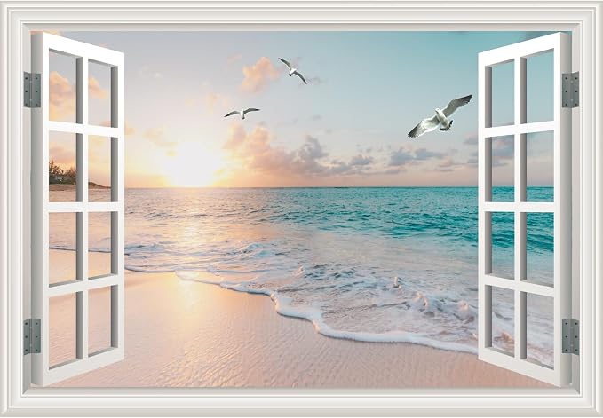 Large Murals 66"x48" Fake Window Wall Decal Summer Beach Seascape Faux Window Sticker Office Poster Picture Art Decor，Stick and Peel Natural Scenery Landscape Coastal Ocean Scene Mural ﻿ by Clickhere