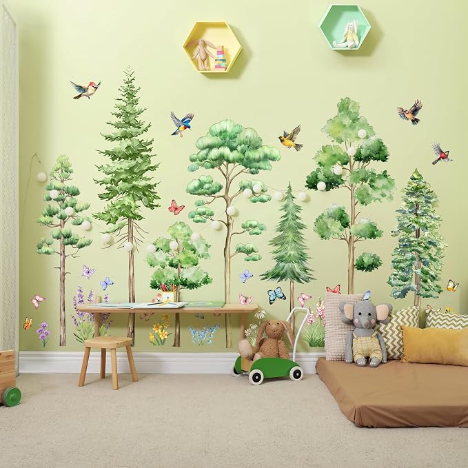 Watercolor Large Tree Wall Stickers Peel and Stick Murals Decal | Pine Tree Wall Forest Decal for Living Room TV Walls Baby Bedroom Classroom Nursery (Green Various Trees, 11.8 * 35.4inch) - Image 2