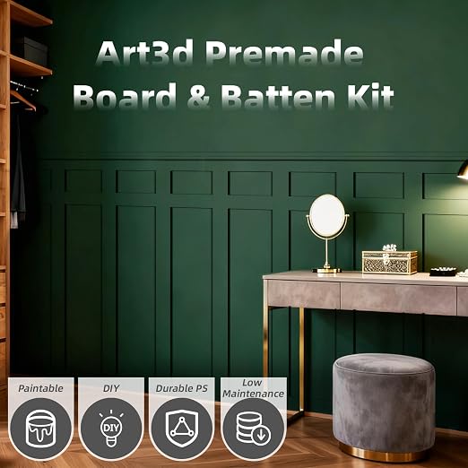 Art3d Premade Paintable Board and Batten Wainscoting Kit, 94.5 x 54 in | MDF, Molding Trim Slat with Edge Strip, High-Impact, Durable, Glue-On Installation, Ideal for Living Room, Bedroom, Corridor - Image 2