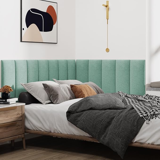 IFNOW Wall Mounted Headboard, Peel and Stick Panels, Grass Green, Queen | 3D Soundproof Acoustic Padding, Reusable and Removable, Tufted fabric Bed Headboard, for bedroom (9 Panels, 10" x 24") - Image 3