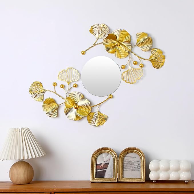 Tandefio 3 Pcs Metal Decorative Wall Mirrors for Living Room Metal Ginkgo Leaf Mirror Modern Creative Wall Decor Art Hanging Decor Mirror for Entrance Bedroom Living Room(Gold,16.inches) - Image 4