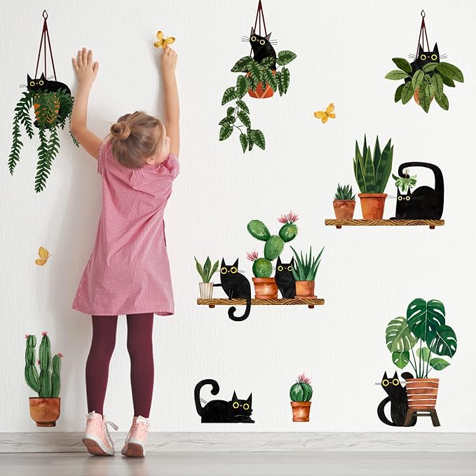 Yovkky Black Cats Potted Plant Wall Decals Stickers | Cartoon Kitty Botanical Bonsai Nursery Playroom Decor, Cactus Kids Bedroom Home Classroom Living Room Kitchen Decorations Art - Image 3