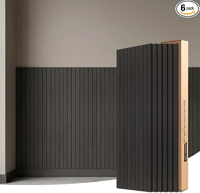 WOWSTAR 6-Pack Peel and Stick PVC Wood Slat Wall Panel，Thickened Wood Grain Wallpaper, 3D Wall Panels, 48" x15.74", Black Wood by WOWSTAR
