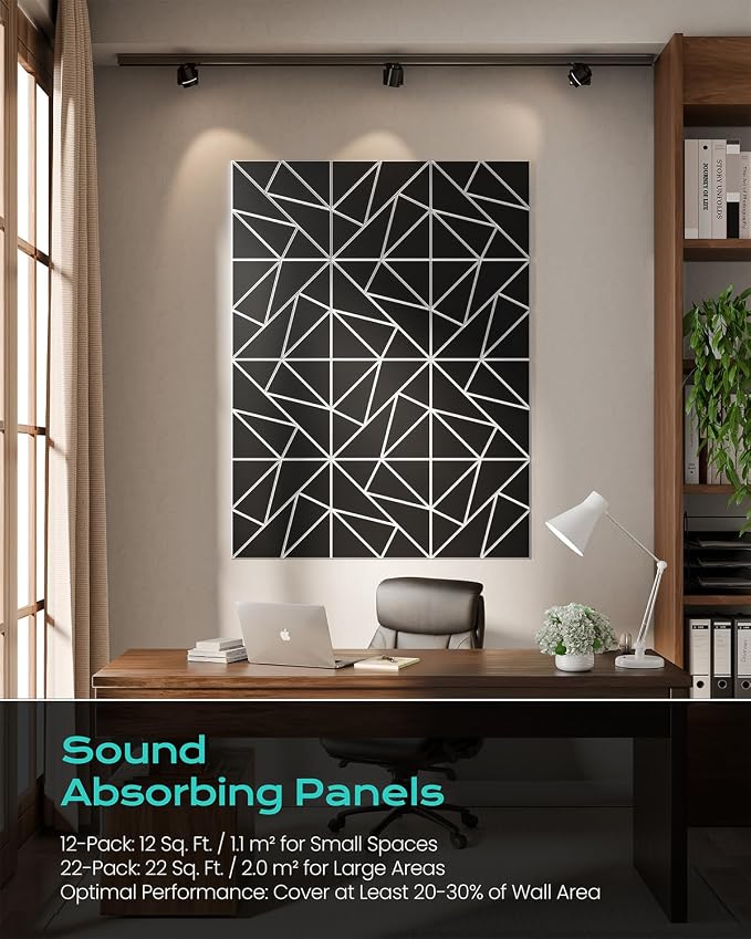 12-Pack Felt Acoustic Panels,12"x12"x0.4" Soundproof Wall Panels, Peel & Stick Sound Proof Foam Panels for Walls, Geometric Noise Reduction Panels for Home Office,Studio (Black on White) - Image 5