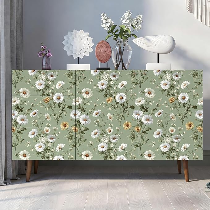 Livebor Floral Peel and Stick Wallpaper Green Wallpaper 16.9in x118.1in | Daisy Floral Contact Paper Flower Wallpaper Peel and Stick Modern Self Adhesive Removable Wall Paper for Bedroom Vinyl - Image 3