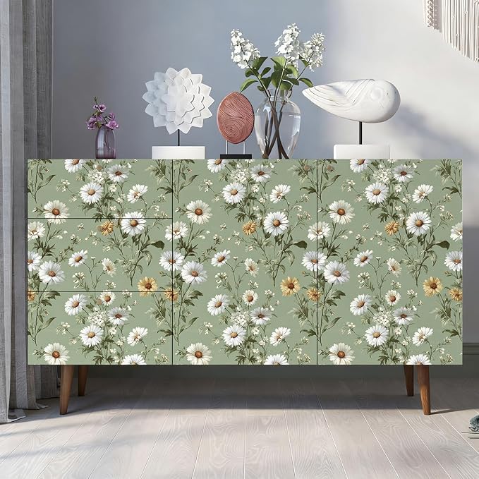Livebor Floral Peel and Stick Wallpaper Green Wallpaper 16.9in x393.7in | Daisy Floral Contact Paper Flower Wallpaper Peel and Stick Modern Self Adhesive Removable Wall Paper for Bedroom Vinyl - Image 3