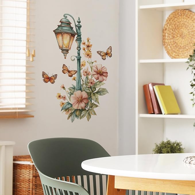 Street Lamp Flower Butterfly Wall Stickers, Streetlight Floral Art Wall Decals Removable Vinyl Peel and Stick Wallpaper for Bedroom Living Room Sofa TV Background Home Decor - Image 6