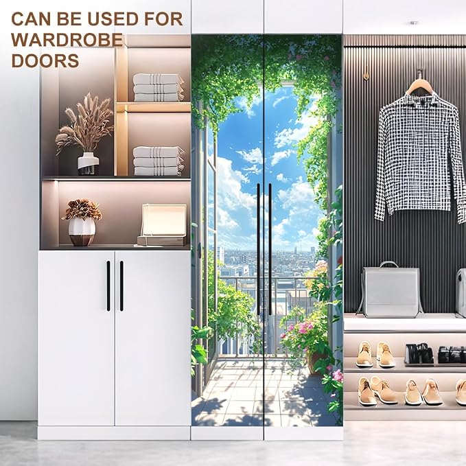 Scenic Balcony Door Mural 30.3x78.7 Inch Garden City View Door Cover | Waterproof PVC, 30.3" W x 78.7" L; scenic balcony design for bedroom, living room, office, entryway or closet door. - Image 8