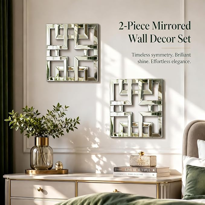 Square Decorative Wall Mirror 12 x 12 Inch, Silver Frameless Mirror Wall Decor with Beveled Edge, Modern Wall Mounted Accent Mirror for Living Room, Bedroom, Hallway, Set of 2 - Image 3