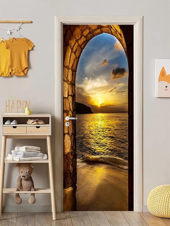artfanke 3D Door Sticker Peel and Stick 30.3"x78.7"-Self-Adhesive Door Murals Wallpaper - Sunset Beach Arch Ocean Wall Decals Waterproof for Bedroom Decor (2 Sheets/Set) - Image 6