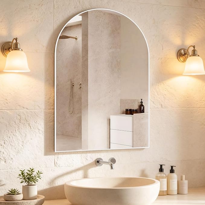 Wall Mounted Mirror, Arched Wall Mirror for Bathroom, 24"x36" Arch Bathroom Mirror with Metal Frame, White Vanity Mirror Decor for Mantle, Bedroom, Entryway, Living Room by NEUWEABY