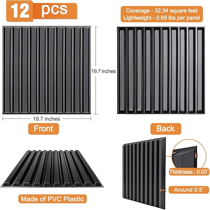 TroyStudio Slat Acoustic Sound Diffuser Panels, 19.7 X 19.7 X 0.5 inches 12 Pcs Black PVC Plastic 3D Wall Panel, Recording Studio Acoustical Treatment Diffusion panel, Art Decorative Ceiling Tiles - Image 2
