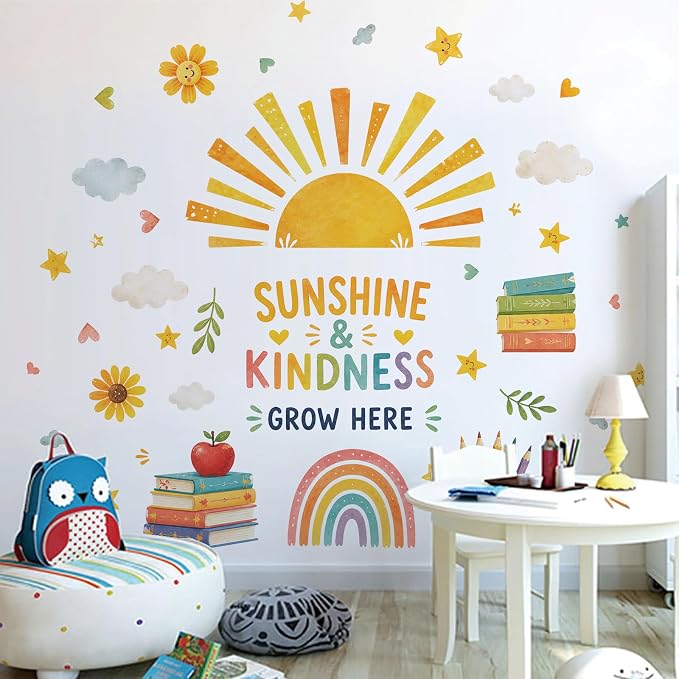 Boho Sun Wall Decal Watercolor Modern Half Sun Wall Decal Sun Rainbow Books Wall Stickers Vinyl Sticker for Classroom Playroom Bedroom Wall Decor by Denylopro