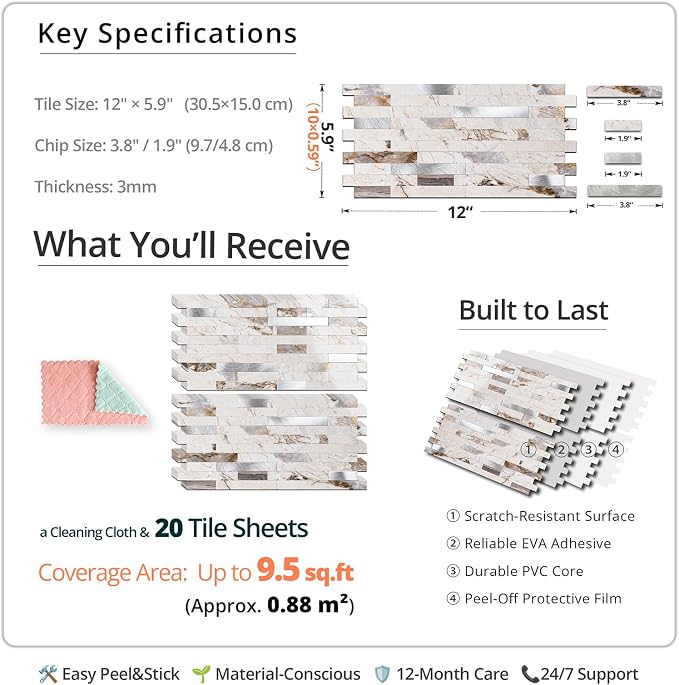 StyloVue 20 Sheets Peel and Stick Backsplash for Kitchen, 2026 Upgraded Ivory Calacatta Marble Look with Silver Metal Accents, Glossy Finish, Stick on Tile for Kitchen Backsplash, RV, Fireplace - Image 4