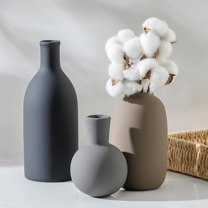 Ceramic Vase Set of 3, Rustic Farmhouse Vases Home Decor Pottery Pampas Vase Decoration Modern Neutral Flowers Vases for Room Decor, Entryway, Living Room, Table, Kitchen, Bedroom - Multicolor - Image 7