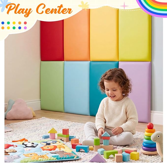 Hahafelt 8 Pack Wall Padding for Playroom Peel and Stick Headboard 19.69" x 11.81" x 1.18" 3D Anti Collision Upholstered Wall Panels Self Adhesive Headboard Panel for Protection(Rainbow Colors) - Image 6
