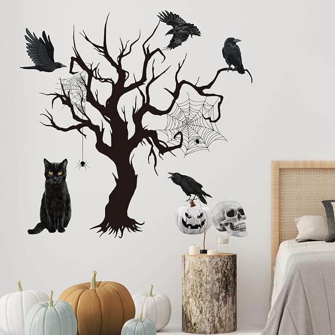 Wxiben Halloween Wall Decals Decor, 4 Pcs Halloween Wall Stickers | Skull Black Cat Tree Crow Removable Murals, Peel and Stick Decal for Home Decor Halloween Party Supplies - Image 5