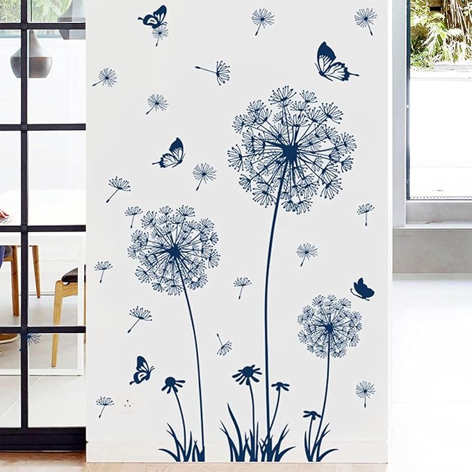 Arawat 2 Set Dandelion Wall Decals Peel and Stick Blue Dandelion Wall Stickers Large Floral Wall Stickers & Murals Flower Wall Decals for Living Room Bedroom Bathroom Restroom Roommates Vinyl Wall Art - Image 6
