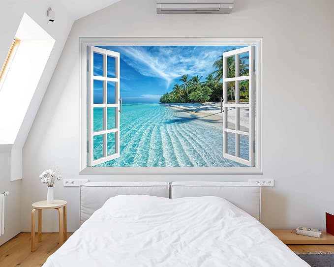 FLFK Fake Window Wall Mural - Summer Beach Faux Window Wall Decal for Wall Decor, Peel and Stick Wall Sticker,80"x60",Set of 5 Sheets - Image 5