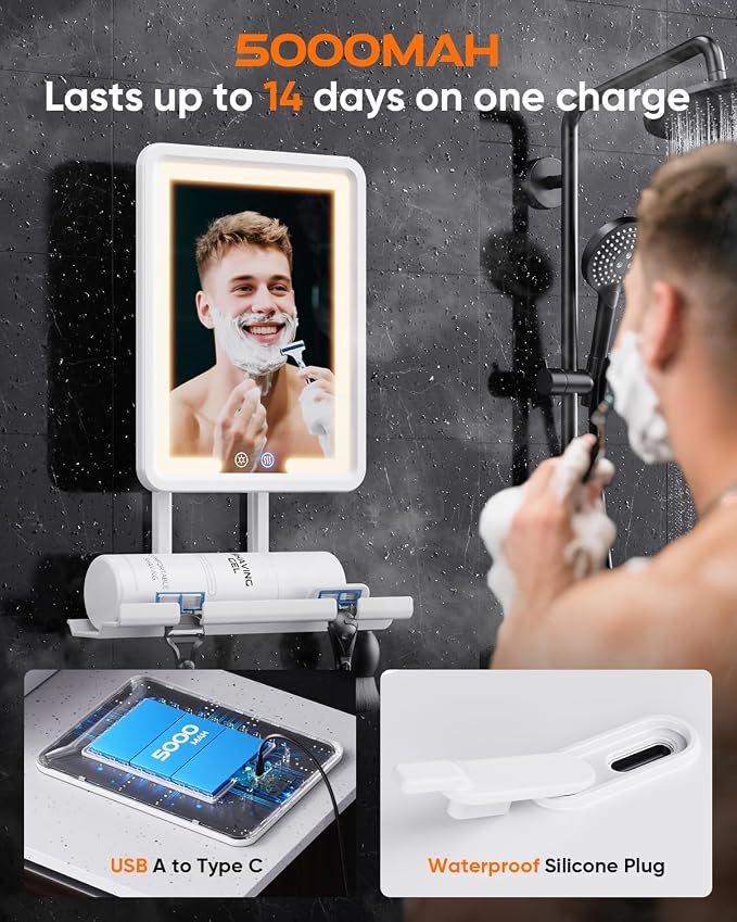 Heated Shower Mirror Fogless for Shaving (Gen 3) - 3 Colors Stepless Dimmable Lights, Anti-Fog Shaving Mirror with Razor Holder, No-Drilling, Removable - White - Image 6